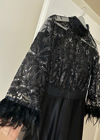 Dantel İşlemeli Siyah Uzun Kollu Gece Elbisesi - Görsel 6