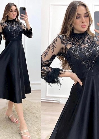 Dantel İşlemeli Siyah Uzun Kollu Gece Elbisesi - Görsel 3