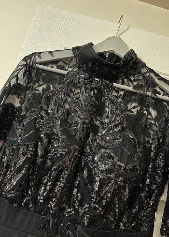 Dantel İşlemeli Siyah Uzun Kollu Gece Elbisesi - Görsel 7