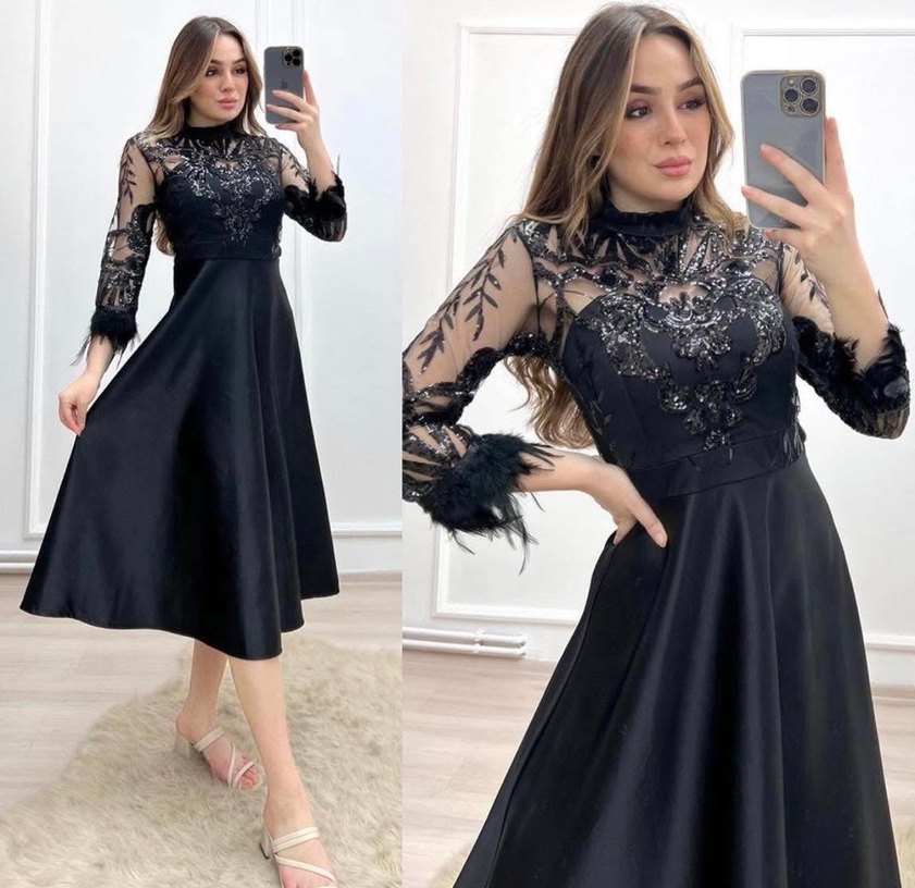 Dantel İşlemeli Siyah Uzun Kollu Gece Elbisesi - Görsel 3