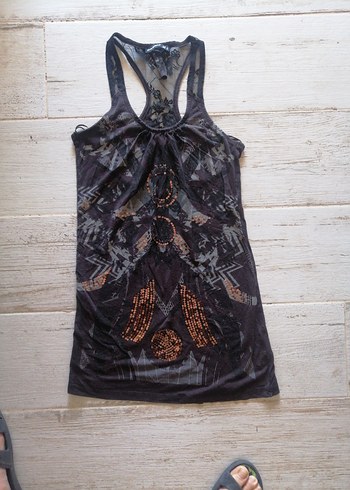 Boncuk ve Tül Detaylı Siyah Batik Desenli Kadın Atlet