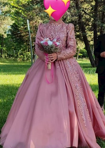 Pembe Drapeli Uzun Kollu Kadın Abiye - Görsel 2