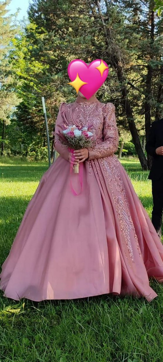 Pembe Drapeli Uzun Kollu Kadın Abiye - Görsel 2