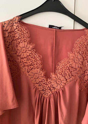 xl Beden pembe Renk Dantel Detaylı gül kurusu V Yakalı Kadın Bluz