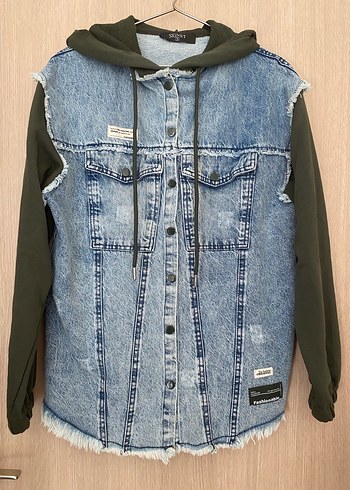 Düğmeli Mavi Denim Ceket Kapüşonlu Kol - Görsel 4
