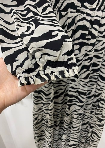 38 Beden gri Renk Gri Zebra Desenli Uzun Bohem Elbise