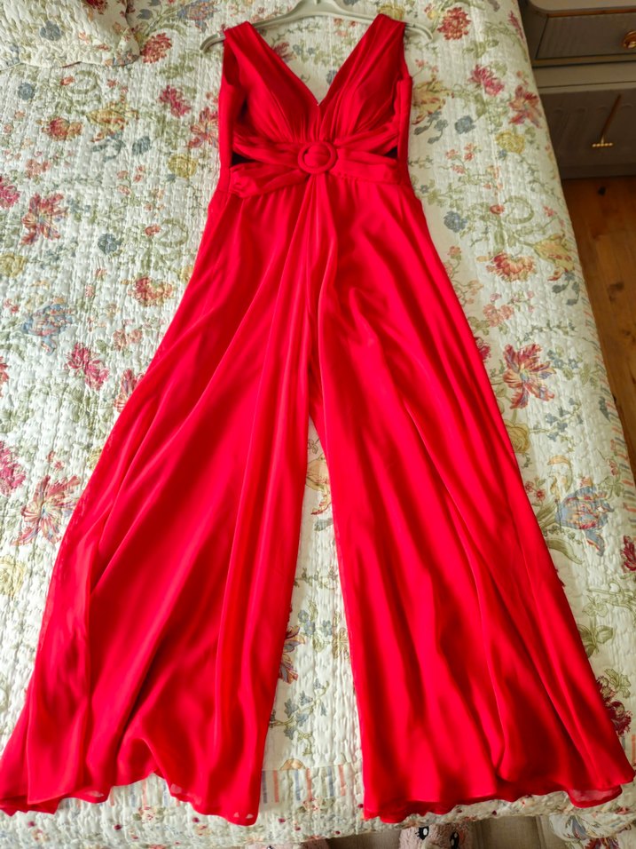 Kırmızı V Yaka Drapeli Uzun Kadın Hem Elbise Hemde Tulum - Görsel 2