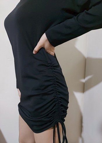 Siyah Drapeli Uzun Kollu Triko Elbise - Görsel 2