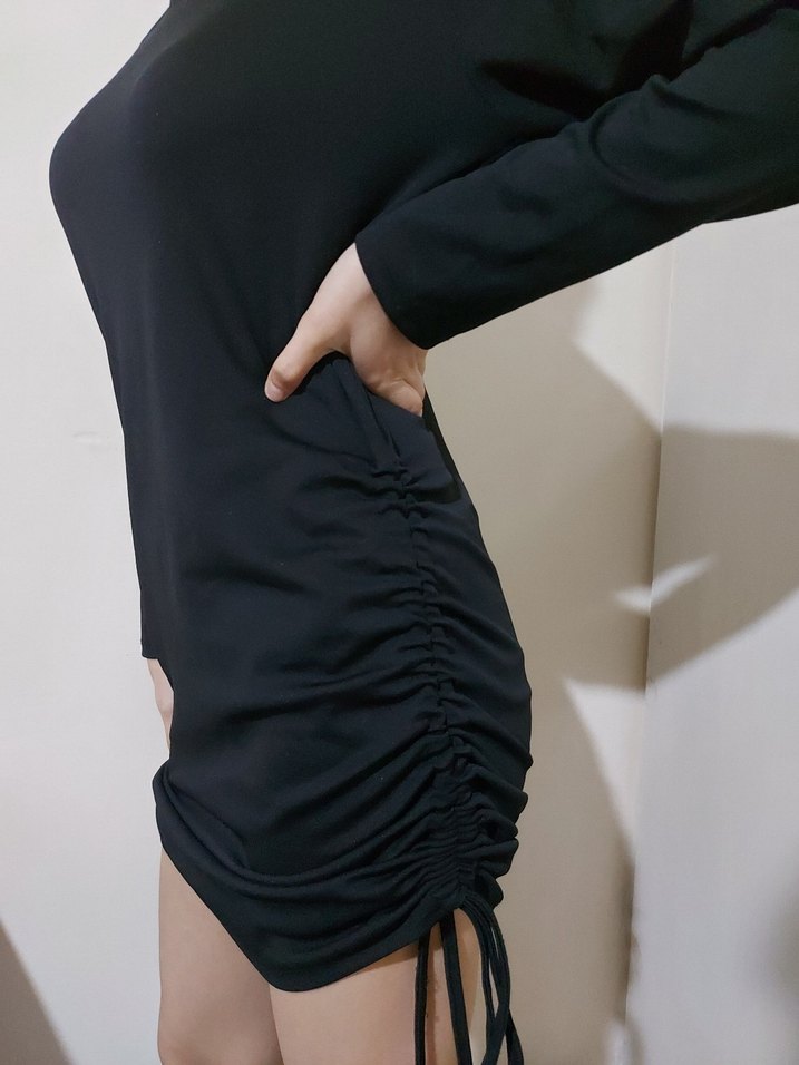 Siyah Drapeli Uzun Kollu Triko Elbise - Görsel 2