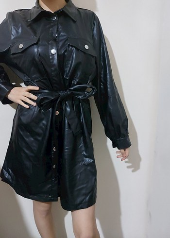 Siyah Kemerli Deri Midi elbise - Görsel 2