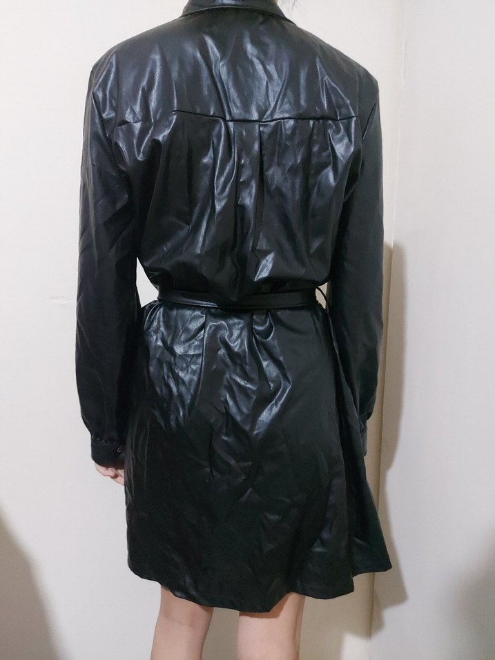 Siyah Kemerli Deri Midi elbise - Görsel 3