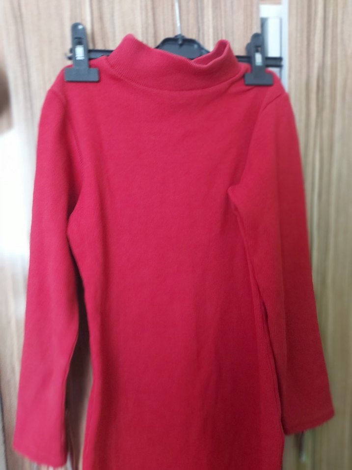 Kırmızı Yüksek Yakalı Kadın Triko Elbise - Görsel 3