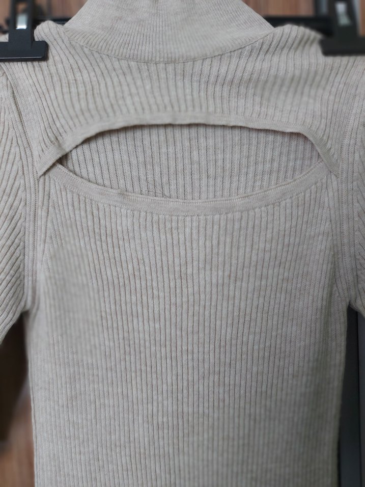 Bej Uzun Triko Elbise, Boğazlı, İnce Kesim - Görsel 2