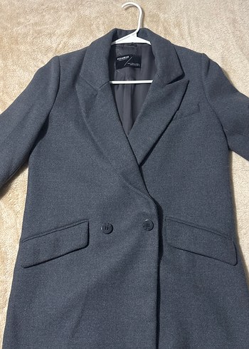 Gri Notch Yaka Düğmeli Midi Ceket - Görsel 2