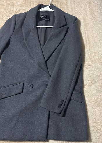 Gri Notch Yaka Düğmeli Midi Ceket - Görsel 3