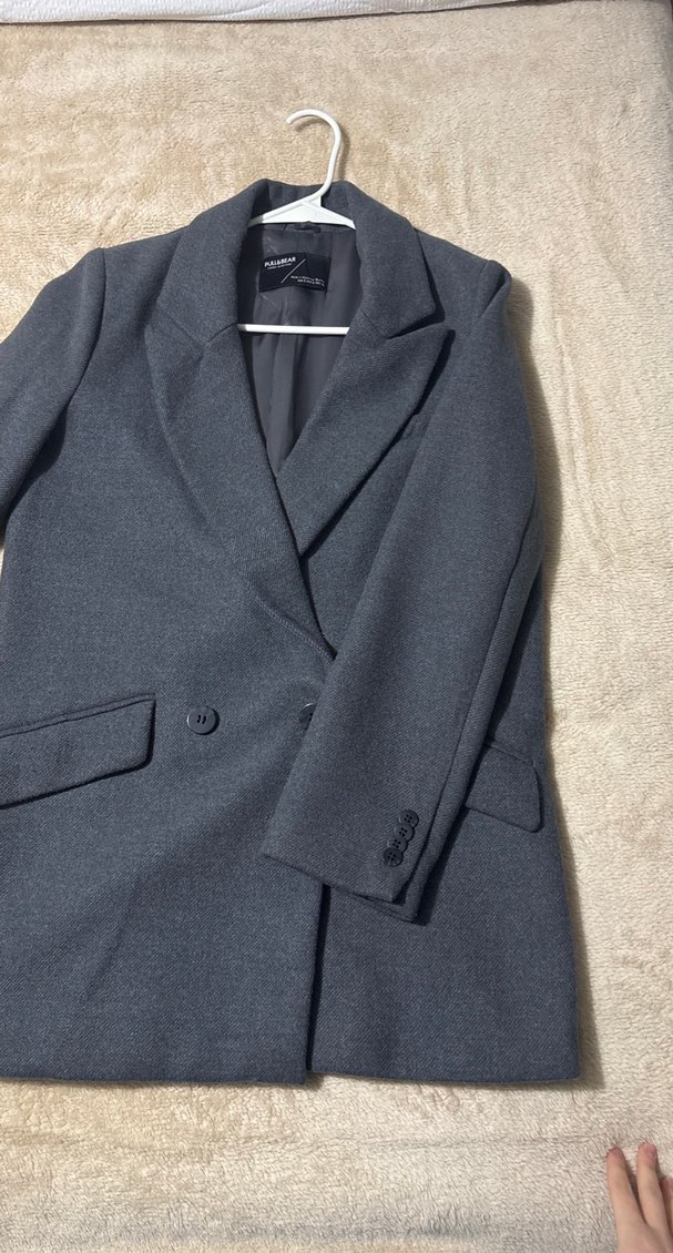 Gri Notch Yaka Düğmeli Midi Ceket - Görsel 3