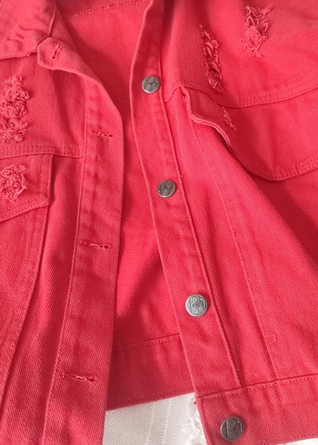 Kadın Kırmızı Düğmeli Mini Kot Ceket - Görsel 5