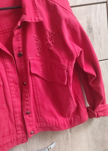 Kadın Kırmızı Düğmeli Mini Kot Ceket - Görsel 3