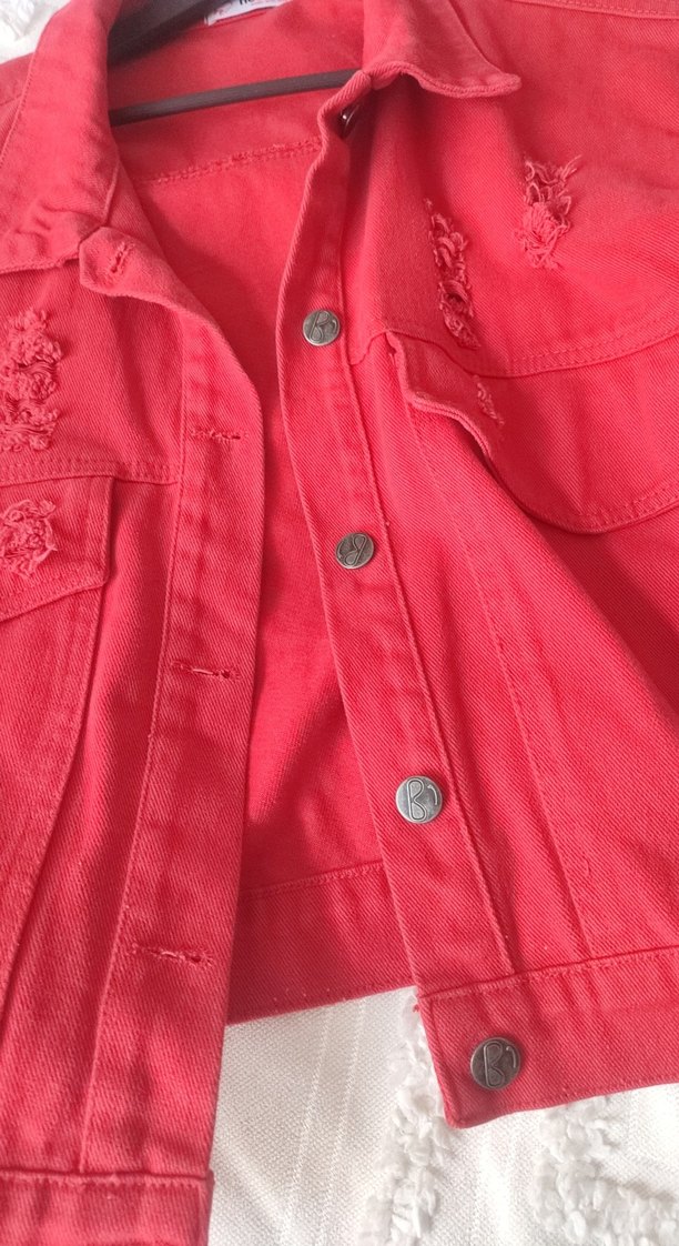 Kadın Kırmızı Düğmeli Mini Kot Ceket - Görsel 5