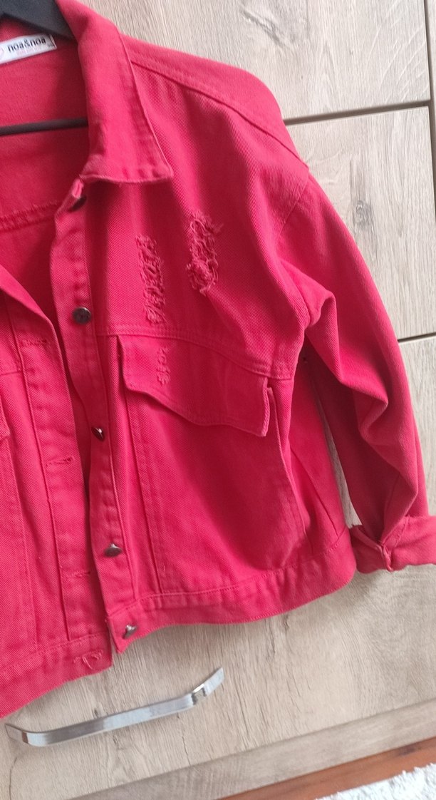 Kadın Kırmızı Düğmeli Mini Kot Ceket - Görsel 3