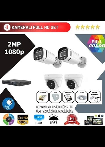 4 Kameralı Full HD 2MP Güvenlik Kamerası Seti