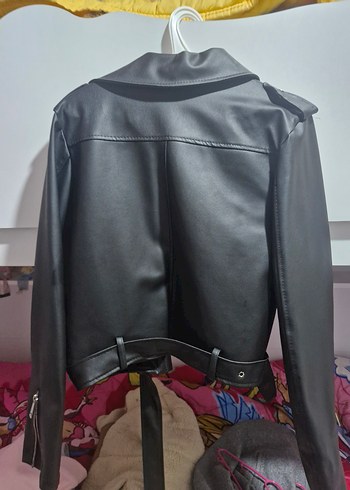 Siyah Deri Biker Kemerli Ceket - Görsel 2