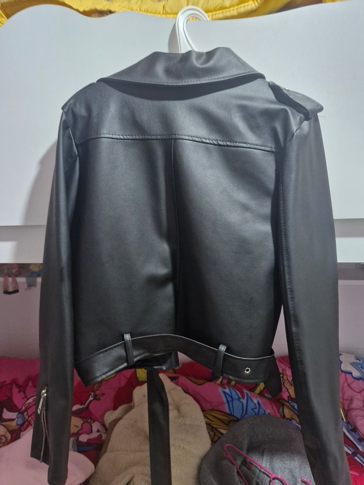 Siyah Deri Biker Kemerli Ceket - Görsel 2