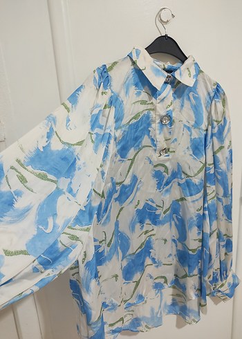 Mavi Batik Desenli Uzun Kollu Kadın Gömlek - Görsel 5