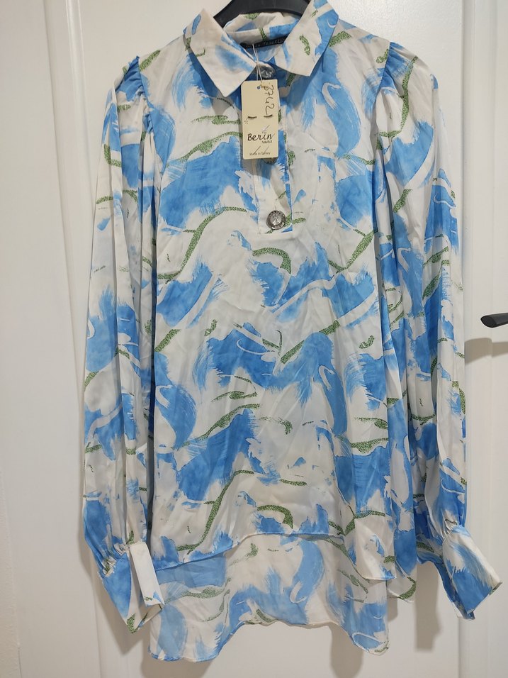 Mavi Batik Desenli Uzun Kollu Kadın Gömlek - Görsel 2