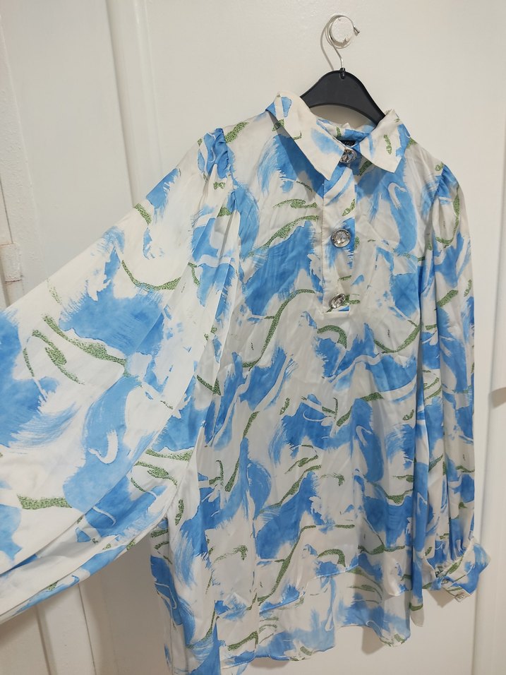 Mavi Batik Desenli Uzun Kollu Kadın Gömlek - Görsel 5