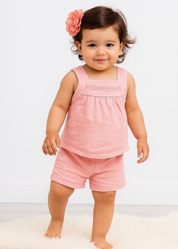 K&K Dantel Detaylı Pembe Bebek Kız Takımı