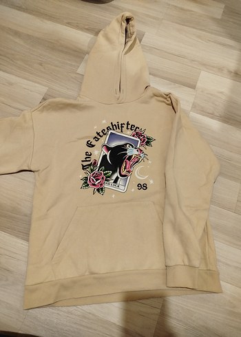 Bej Kapüşonlu Baskılı Kadın Sweatshirt