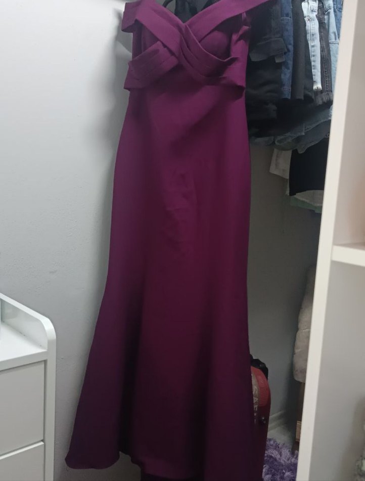 Bordo Drapeli Uzun V Yaka Abiye Elbise - Görsel 2