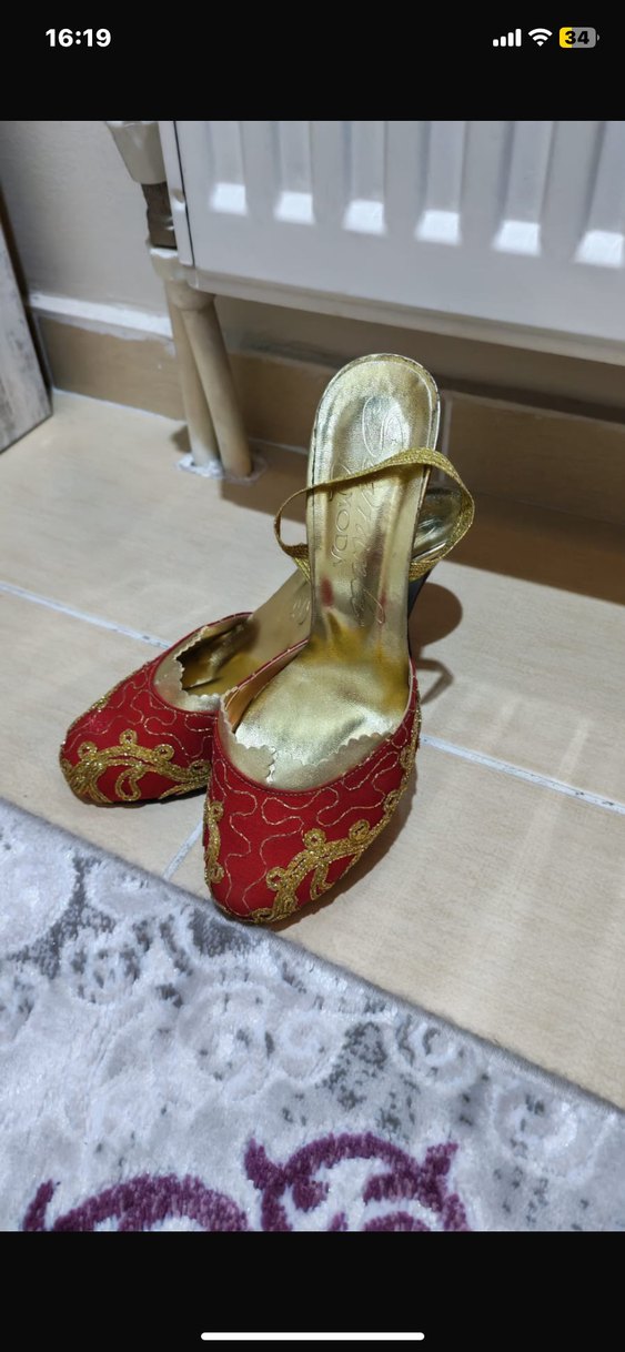Nakışlı ve Boncuklu Kırmızı Topuklu Kadın kına  Ayakkabı - Görsel 4
