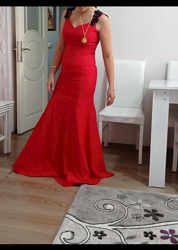 Kırmızı V Yaka Uzun Abiye Elbise - Görsel 6