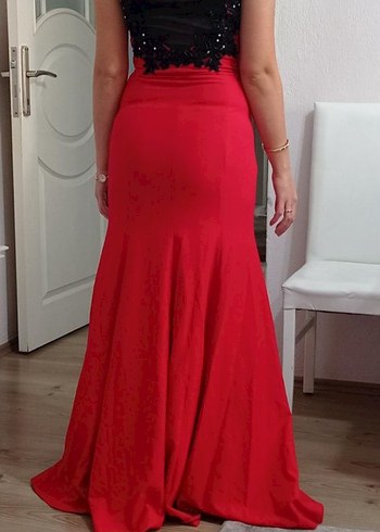 Kırmızı V Yaka Uzun Abiye Elbise - Görsel 3