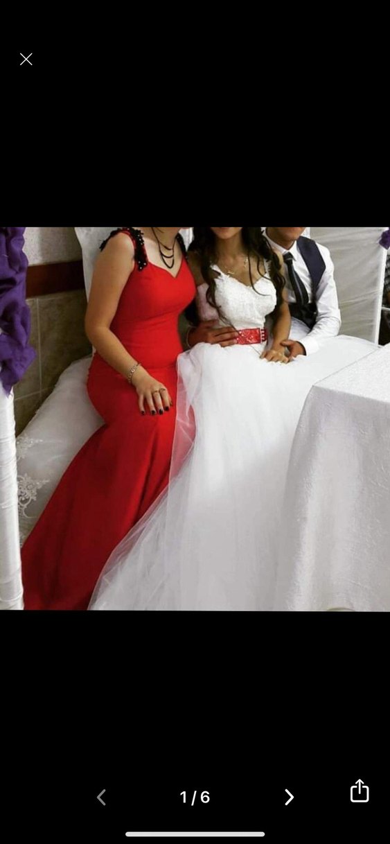 Kırmızı V Yaka Uzun Abiye Elbise - Görsel 5