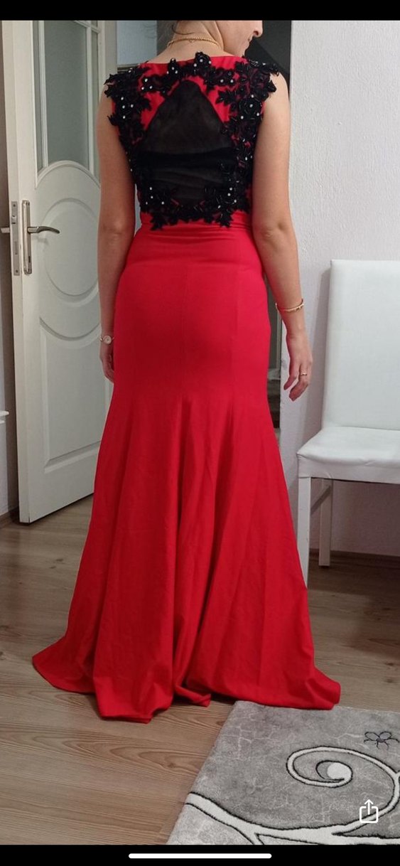 Kırmızı V Yaka Uzun Abiye Elbise - Görsel 3