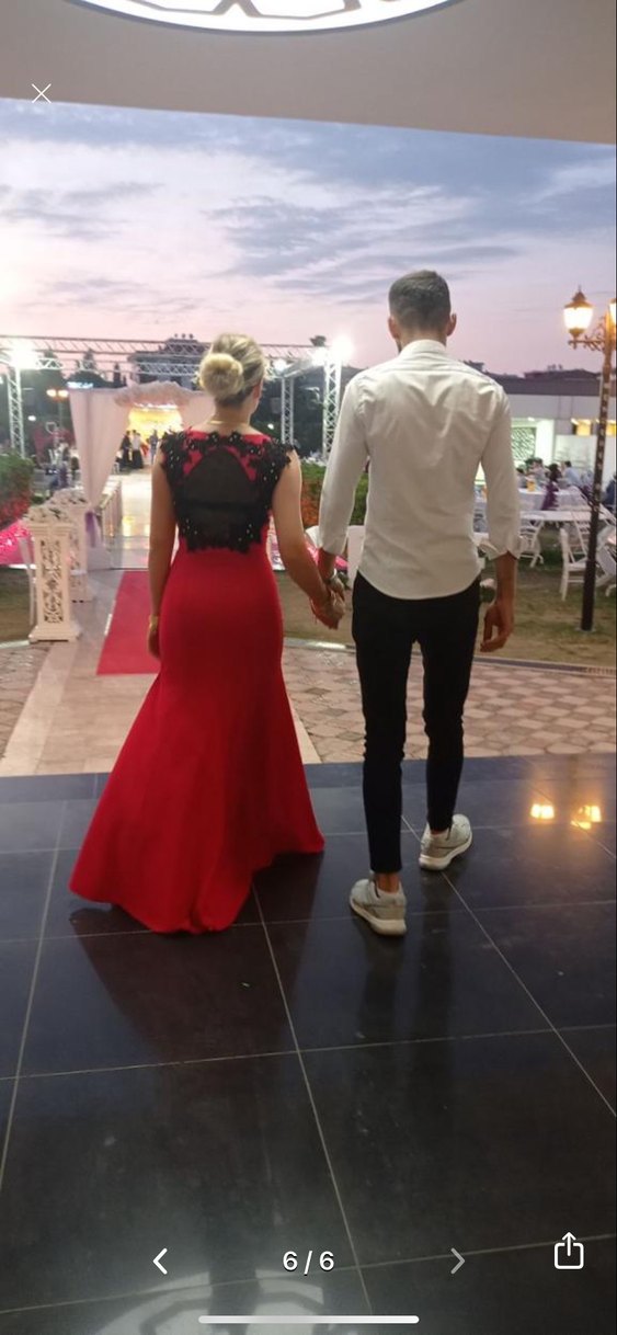 Kırmızı V Yaka Uzun Abiye Elbise - Görsel 4