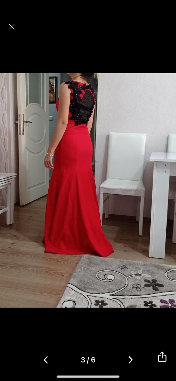 Kırmızı V Yaka Uzun Abiye Elbise - Görsel 2