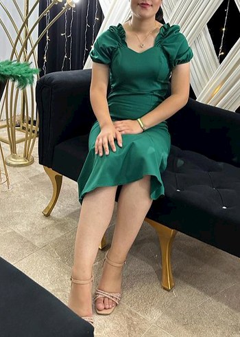 Yeşil V Yakalı Saten Midi Elbise
