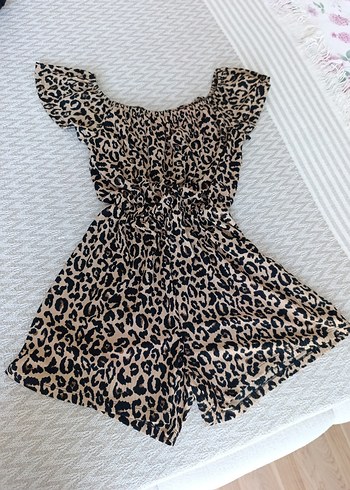 Kadın Leopar Desenli Mini Tulum
