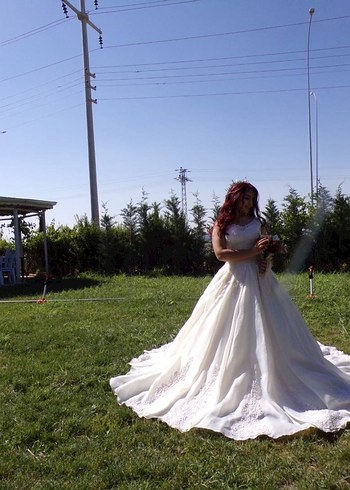 Ash Beyaz dantelli A Kesim Uzun Gelinlik