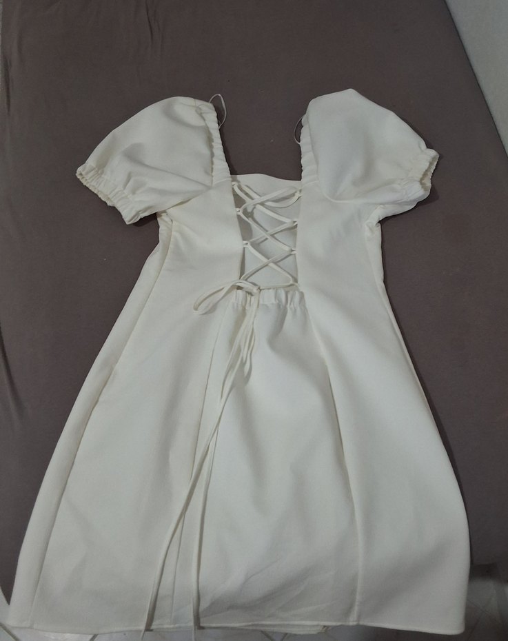 Beyaz Keten Midi Elbise - Görsel 2