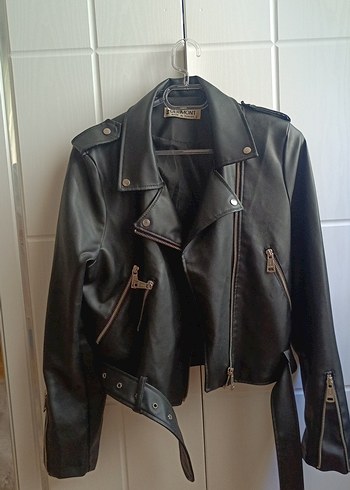 l Beden Siyah Deri Biker Ceket Kadın