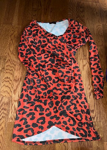 Kırmızı Leopar Desenli Uzun Kollu Mini Elbise - Görsel 3