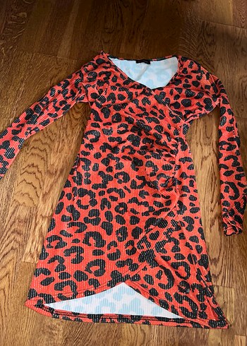 Kırmızı Leopar Desenli Uzun Kollu Mini Elbise - Görsel 2