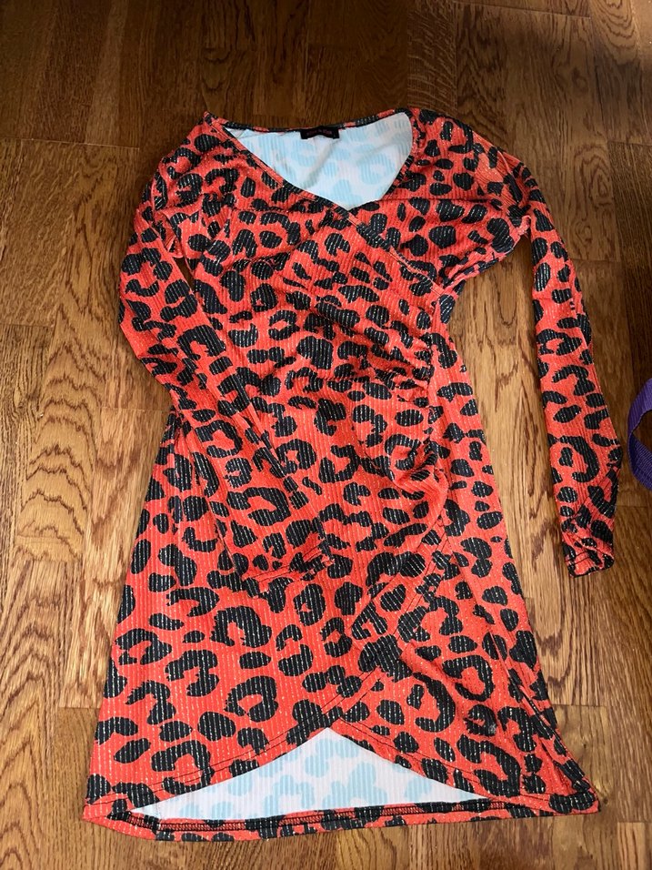 Kırmızı Leopar Desenli Uzun Kollu Mini Elbise - Görsel 3