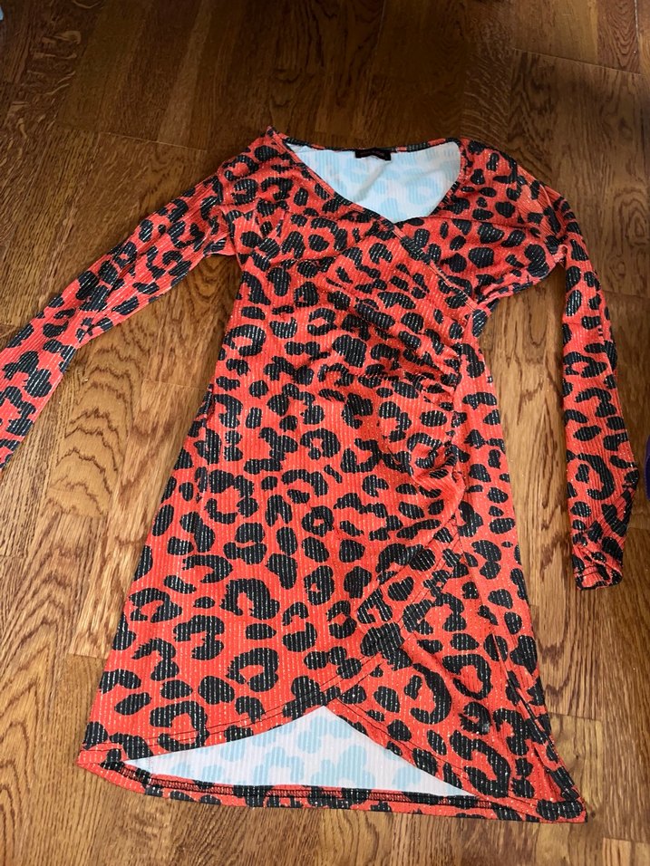 Kırmızı Leopar Desenli Uzun Kollu Mini Elbise - Görsel 2