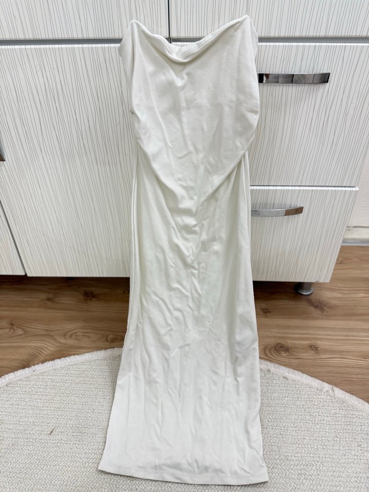 Beyaz Keten Drapeli Uzun Abiye Elbise - Görsel 2